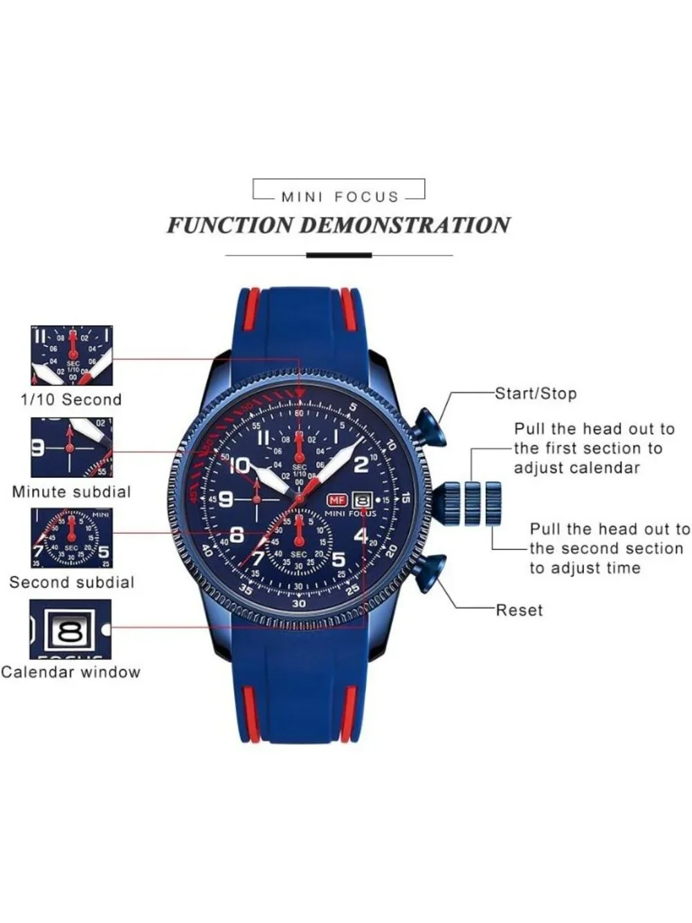 Men's Blue And Red Analog Waterproof Chronograph Classic Stylish Casual Watch